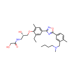 CCCCN(C)Cc1cc(-c2nc(-c3cc(C)c(OC[C@@H](O)CNC(=O)CO)c(CC)c3)no2)ccc1C ZINC000653844321