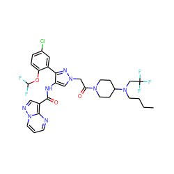 CCCCN(CC(F)(F)F)C1CCN(C(=O)Cn2cc(NC(=O)c3cnn4cccnc34)c(-c3cc(Cl)ccc3OC(F)F)n2)CC1 ZINC001772639445