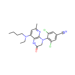 CCCCN(CC)c1cc(C)nc2c1NC(=O)CN2c1c(Cl)cc(C#N)cc1Cl ZINC000013584818