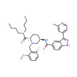 CCCCN(CCCC)C(=O)[C@@H]1CC[C@@H](NC(=O)c2ccc3[nH]nc(-c4ccnc(C)c4)c3c2)CN1Cc1c(F)cccc1OC ZINC000205031551