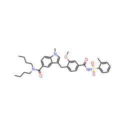 CCCCN(CCCC)C(=O)c1ccc2c(c1)c(Cc1ccc(C(=O)NS(=O)(=O)c3ccccc3C)cc1OC)cn2C ZINC000027329709