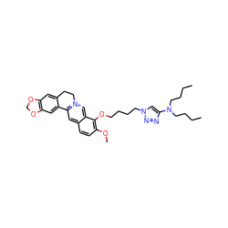 CCCCN(CCCC)c1cn(CCCCOc2c(OC)ccc3cc4[n+](cc23)CCc2cc3c(cc2-4)OCO3)nn1 ZINC000071294571