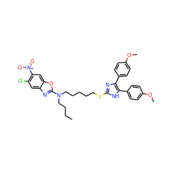 CCCCN(CCCCCSc1nc(-c2ccc(OC)cc2)c(-c2ccc(OC)cc2)[nH]1)c1nc2cc(Cl)c([N+](=O)[O-])cc2o1 ZINC000029479600