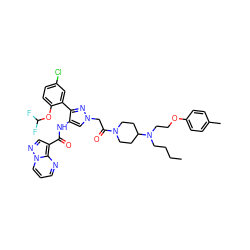 CCCCN(CCOc1ccc(C)cc1)C1CCN(C(=O)Cn2cc(NC(=O)c3cnn4cccnc34)c(-c3cc(Cl)ccc3OC(F)F)n2)CC1 ZINC001772578284