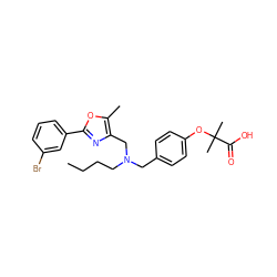 CCCCN(Cc1ccc(OC(C)(C)C(=O)O)cc1)Cc1nc(-c2cccc(Br)c2)oc1C ZINC000095559796