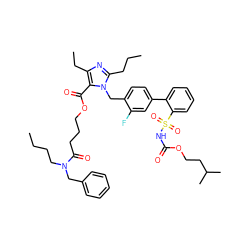 CCCCN(Cc1ccccc1)C(=O)CCCOC(=O)c1c(CC)nc(CCC)n1Cc1ccc(-c2ccccc2S(=O)(=O)NC(=O)OCCC(C)C)cc1F ZINC000095539670