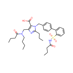 CCCCN(Cc1nc(CCC)n(Cc2ccc(-c3ccccc3S(=O)(=O)NC(=O)CCC)cc2)c1C(=O)O)C(=O)CCC ZINC000026295053