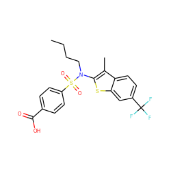 CCCCN(c1sc2cc(C(F)(F)F)ccc2c1C)S(=O)(=O)c1ccc(C(=O)O)cc1 ZINC000115234638