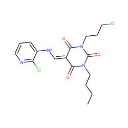 CCCCN1C(=O)/C(=C/Nc2cccnc2Cl)C(=O)N(CCCCl)C1=O ZINC000084715568