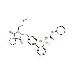 CCCCN1C(=O)C2(CCCC2)C(=O)N1Cc1ccc(-c2ccccc2S(=O)(=O)NC(=O)NC2CCCCC2)cc1 ZINC000026642822