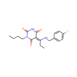 CCCCN1C(=O)NC(=O)/C(=C(/CC)NCc2ccc(F)cc2)C1=O ZINC000101038247