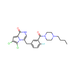 CCCCN1CCN(C(=O)c2cc(Cc3c[nH]c(=O)c4cc(Cl)c(Cl)n34)ccc2F)CC1 ZINC000045336567