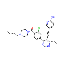 CCCCN1CCN(C(=O)c2ccc(-c3ncnc(CC)c3C#Cc3ccc(N)nc3)cc2Cl)CC1 ZINC000148775847