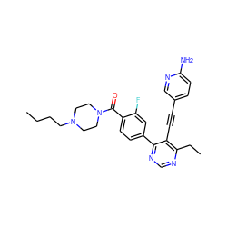 CCCCN1CCN(C(=O)c2ccc(-c3ncnc(CC)c3C#Cc3ccc(N)nc3)cc2F)CC1 ZINC000148274877