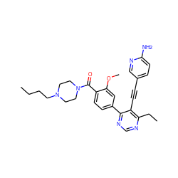 CCCCN1CCN(C(=O)c2ccc(-c3ncnc(CC)c3C#Cc3ccc(N)nc3)cc2OC)CC1 ZINC000148682813