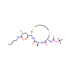 CCCCNC(=O)[C@H](C)C[C@H](O)[C@@H]1CSCCCCCSC[C@H](NC(=O)OC(C)(C)C)C(=O)N[C@@H](C)C(=O)N1 ZINC000014960494