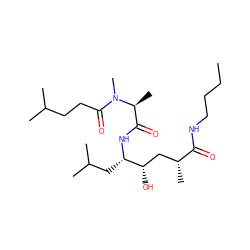 CCCCNC(=O)[C@H](C)C[C@H](O)[C@H](CC(C)C)NC(=O)[C@H](C)N(C)C(=O)CCC(C)C ZINC000040873434