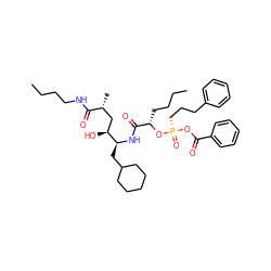 CCCCNC(=O)[C@H](C)C[C@H](O)[C@H](CC1CCCCC1)NC(=O)[C@H](CCCC)O[P@@](=O)(CCCc1ccccc1)OC(=O)c1ccccc1 ZINC000027557414