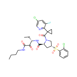 CCCCNC(=O)C(=O)[C@H](CC)NC(=O)[C@@H]1C[C@@H](S(=O)(=O)c2ccccc2Cl)CN1C(=O)C1(c2ncc(Cl)cc2F)CC1 ZINC000169702139
