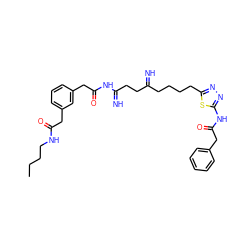 CCCCNC(=O)Cc1cccc(CC(=O)NC(=N)CCC(=N)CCCCc2nnc(NC(=O)Cc3ccccc3)s2)c1 ZINC000169698434