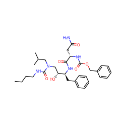 CCCCNC(=O)N(CC(C)C)C[C@@H](O)[C@H](Cc1ccccc1)NC(=O)[C@H](CC(N)=O)NC(=O)OCc1ccccc1 ZINC000014943006