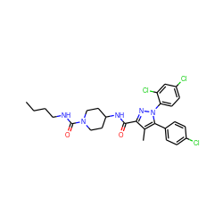 CCCCNC(=O)N1CCC(NC(=O)c2nn(-c3ccc(Cl)cc3Cl)c(-c3ccc(Cl)cc3)c2C)CC1 ZINC000084669992