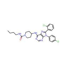 CCCCNC(=O)N1CCC(Nc2ncnc3c2nc(-c2ccccc2Cl)n3-c2ccc(Cl)cc2)CC1 ZINC000095577448