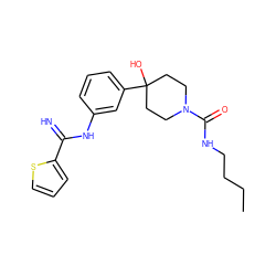 CCCCNC(=O)N1CCC(O)(c2cccc(NC(=N)c3cccs3)c2)CC1 ZINC000169325197