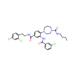 CCCCNC(=O)N1CCCN(c2ccc(C(=O)NCCc3ccc(Cl)cc3Cl)cc2NC(=O)c2cccc(Cl)c2)CC1 ZINC000028565181