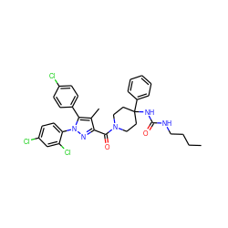 CCCCNC(=O)NC1(c2ccccc2)CCN(C(=O)c2nn(-c3ccc(Cl)cc3Cl)c(-c3ccc(Cl)cc3)c2C)CC1 ZINC000084652900