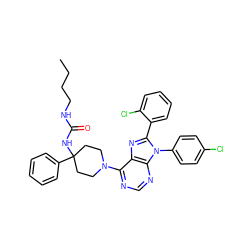 CCCCNC(=O)NC1(c2ccccc2)CCN(c2ncnc3c2nc(-c2ccccc2Cl)n3-c2ccc(Cl)cc2)CC1 ZINC000095571819