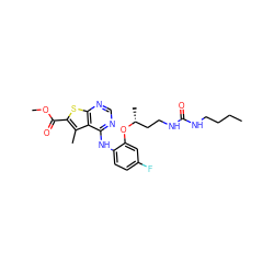 CCCCNC(=O)NCC[C@@H](C)Oc1cc(F)ccc1Nc1ncnc2sc(C(=O)OC)c(C)c12 ZINC000118824644