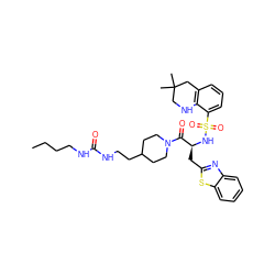 CCCCNC(=O)NCCC1CCN(C(=O)[C@H](Cc2nc3ccccc3s2)NS(=O)(=O)c2cccc3c2NCC(C)(C)C3)CC1 ZINC000028761760