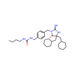 CCCCNC(=O)NCc1ccc(CN2C(=N)NC(CC3CCCCC3)(CC3CCCCC3)C2=O)cc1 ZINC000045256941