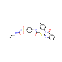 CCCCNC(=O)NS(=O)(=O)c1ccc(NC(=O)CSc2nc3ccccc3c(=O)n2-c2ccc(C)cc2)cc1 ZINC000101486910