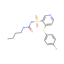 CCCCNC(=O)NS(=O)(=O)c1cnccc1Sc1ccc(Cl)cc1 ZINC000006486164