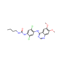 CCCCNC(=O)Nc1cc(Cl)c(Nc2ncnc3cc(OC)c(OC)cc23)cc1Cl ZINC000169324385