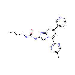 CCCCNC(=O)Nc1cn2c(-c3ncc(C)cn3)cc(-c3cccnc3)cc2n1 ZINC000045300181