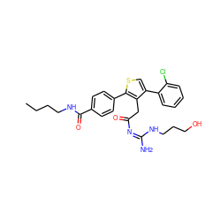 CCCCNC(=O)c1ccc(-c2scc(-c3ccccc3Cl)c2CC(=O)/N=C(/N)NCCCO)cc1 ZINC000028826091