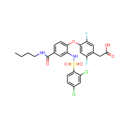 CCCCNC(=O)c1ccc(Oc2cc(F)c(CC(=O)O)cc2F)c(NS(=O)(=O)c2ccc(Cl)cc2Cl)c1 ZINC000082157319