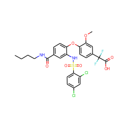 CCCCNC(=O)c1ccc(Oc2ccc(C(F)(F)C(=O)O)cc2OC)c(NS(=O)(=O)c2ccc(Cl)cc2Cl)c1 ZINC000073223719