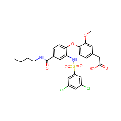 CCCCNC(=O)c1ccc(Oc2ccc(CC(=O)O)cc2OC)c(NS(=O)(=O)c2cc(Cl)cc(Cl)c2)c1 ZINC000073292582