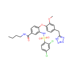 CCCCNC(=O)c1ccc(Oc2ccc(Cc3nnn[nH]3)cc2OC)c(NS(=O)(=O)c2ccc(Cl)cc2Cl)c1 ZINC000073224141