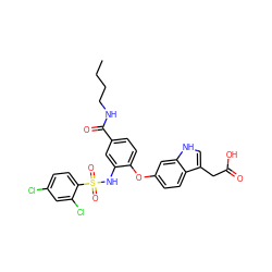 CCCCNC(=O)c1ccc(Oc2ccc3c(CC(=O)O)c[nH]c3c2)c(NS(=O)(=O)c2ccc(Cl)cc2Cl)c1 ZINC000082155092