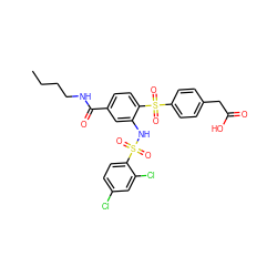 CCCCNC(=O)c1ccc(S(=O)(=O)c2ccc(CC(=O)O)cc2)c(NS(=O)(=O)c2ccc(Cl)cc2Cl)c1 ZINC000082155970