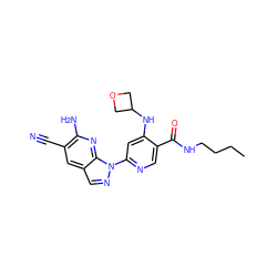 CCCCNC(=O)c1cnc(-n2ncc3cc(C#N)c(N)nc32)cc1NC1COC1 ZINC001772640332