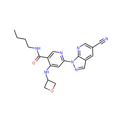 CCCCNC(=O)c1cnc(-n2ncc3cc(C#N)cnc32)cc1NC1COC1 ZINC001772579804