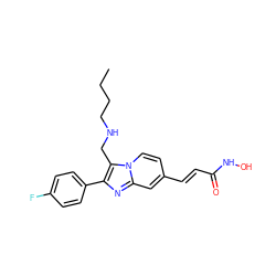 CCCCNCc1c(-c2ccc(F)cc2)nc2cc(/C=C/C(=O)NO)ccn12 ZINC000043132304