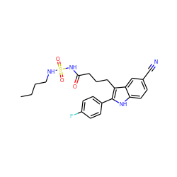 CCCCNS(=O)(=O)NC(=O)CCCc1c(-c2ccc(F)cc2)[nH]c2ccc(C#N)cc12 ZINC000029041451