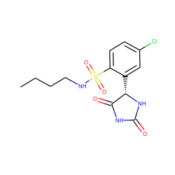 CCCCNS(=O)(=O)c1ccc(Cl)cc1[C@@H]1NC(=O)NC1=O ZINC000028225631